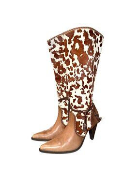Gianni Bini Cow Print Western Cowgirl Leather Boot Tassels Pointed Toe Women 9